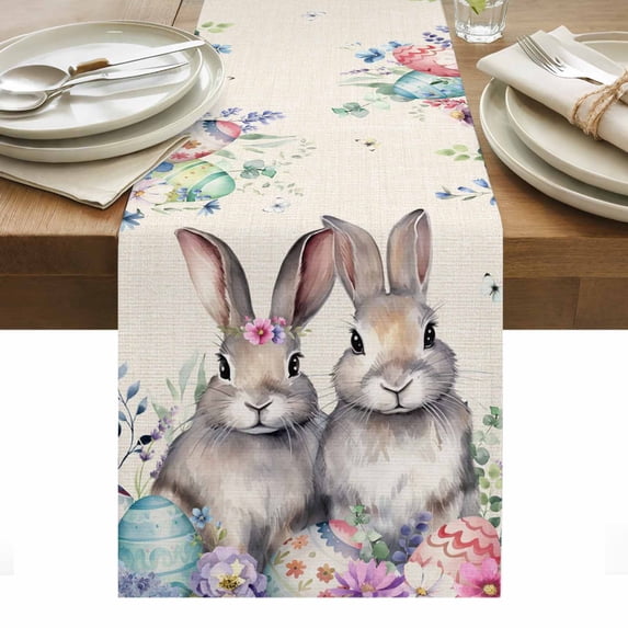 Bunny Easter Table Runner - 108 Inch Long, Kitchen Dining Table Runner Dresser Scarves, Eucalyptus Leaves Spring Floral Eggs Rustic Farmhouse Decor for Coffee Tables Wedding Party Banquet