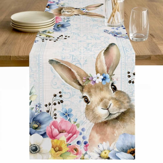 Bunny Easter Table Runner 108 Inches Long Farmhouse Dress Scarves, Spring Floral Blue Leaves Watercolor Dining Tablerunner for Coffee Table/Kitchen Island/Party Décor, 13" x 108"