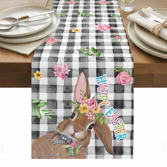 Bunny Easter Table Runner - 120 Inch Long, Kitchen Dining Table Runner Dresser Scarves, Rabbit Black White Plaid Farmhouse Farmhouse Decor for Coffee Tables Wedding Party Banquet