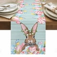 thumbnail image 1 of Bunny Easter Table Runner - 36 Inch Long, Kitchen Dining Table Runner Dresser Scarves, Pink Blue Eggs Tulips Floral Rabbit Wooden Farmhouse Decor for Coffee Tables Wedding Party Banquet, 1 of 8