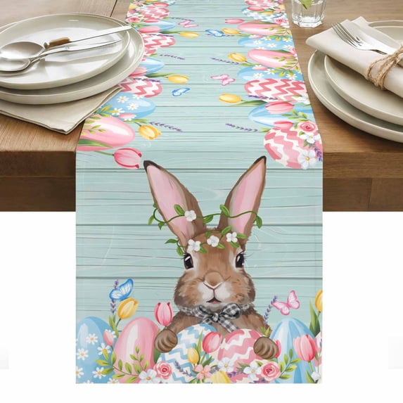 Bunny Easter Table Runner - 36 Inch Long, Kitchen Dining Table Runner Dresser Scarves, Pink Blue Eggs Tulips Floral Rabbit Wooden Farmhouse Decor for Coffee Tables Wedding Party Banquet