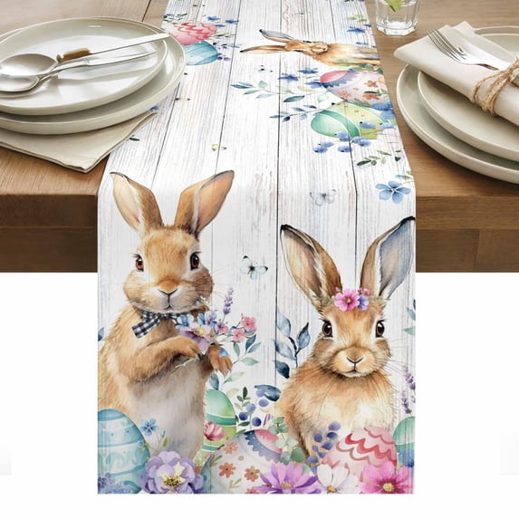 Bunny Easter Table Runner - 48 Inch Long, Kitchen Dining Table Runner Dresser Scarves, Spring Floral Eucalyptus Leaves Weeping Wooden Farmhouse Decor for Coffee Tables Wedding Party Banquet