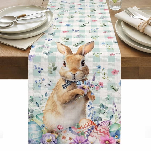 Bunny Easter Table Runner - 48 Inch Long, Kitchen Dining Table Runner Dresser Scarves, Spring Floral Rabbits Checkered Farmhouse Farmhouse Decor for Coffee Tables Wedding Party Banquet