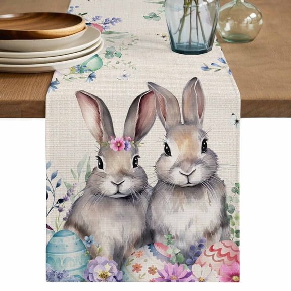 Bunny Easter Table Runner 48 Inches, Eucalyptus Leaves Spring Floral Eggs Rustic Bed Runner Dresser Scarves Tabletop for Indoor Outdoor Parties/Ceremony/Banquet, 13" x 48"