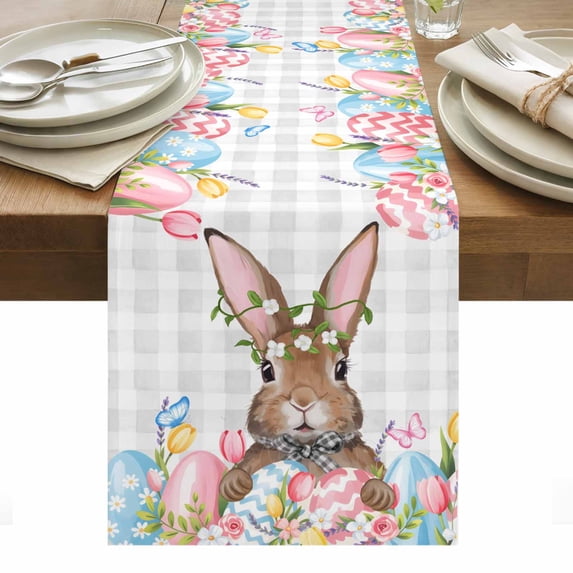 Bunny Easter Table Runner - 60 Inch Long, Kitchen Dining Table Runner Dresser Scarves, Pink Floral Eggs Farmhouse Checkered Farmhouse Decor for Coffee Tables Wedding Party Banquet