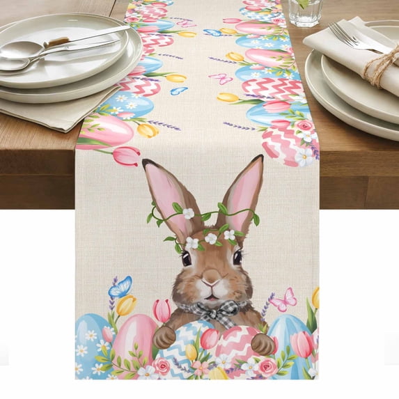 Bunny Easter Table Runner - 70 Inch Long, Kitchen Dining Table Runner Dresser Scarves, Pink Blue Eggs Tulips Floral Rabbit Rustic Farmhouse Decor for Coffee Tables Wedding Party Banquet