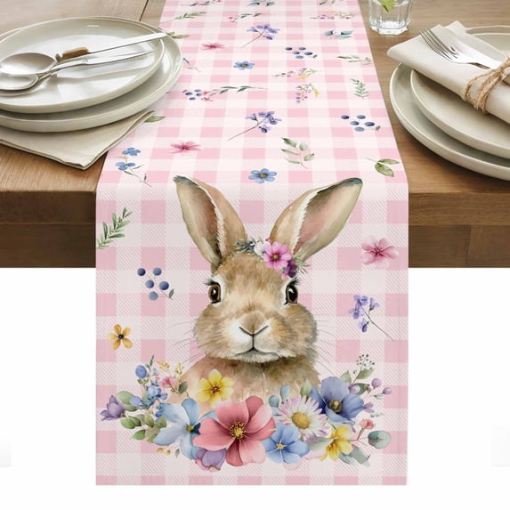 Bunny Easter Table Runner - 70 Inch Long, Kitchen Dining Table Runner Dresser Scarves, Pink Plaid Spring Floral Pastoral Farmhouse Decor for Coffee Tables Wedding Party Banquet