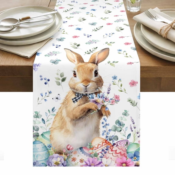 Bunny Easter Table Runner - 70 Inch Long, Kitchen Dining Table Runner Dresser Scarves, Spring Floral Rabbits Eggs Farmhouse Farmhouse Decor for Coffee Tables Wedding Party Banquet