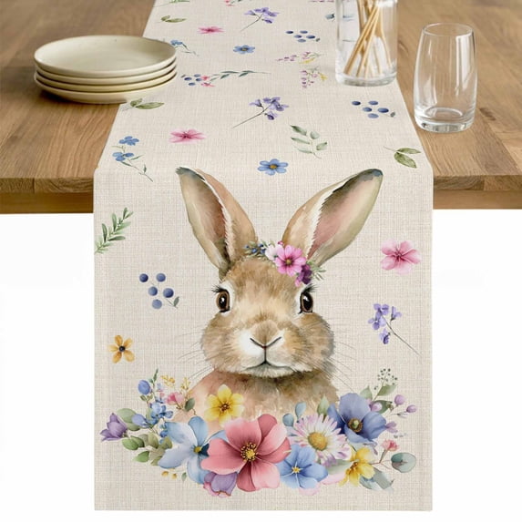 Bunny Easter Table Runner - 70 Inch Long Spring Floral Pastoral Rabbits Rustic Cotton and Linen Blended Dress Scarves Farmhouse Table Runner for Kitchen Dining, Coffee Table, 13" x 70"