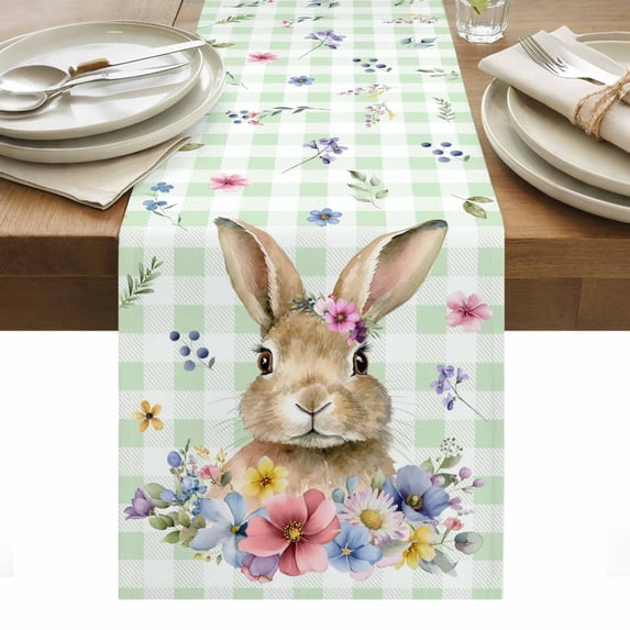 Bunny Easter Table Runner - 90 Inch Long, Kitchen Dining Table Runner Dresser Scarves, Green Plaid Spring Floral Pastoral Farmhouse Decor for Coffee Tables Wedding Party Banquet