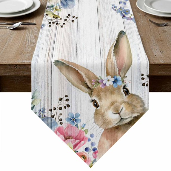 Bunny Easter Table Runner Linen Burlap Table Runner 70 Inches Long Spring Floral Blue Eucalyptus Leaves Wooden Dresser Scarves for Kitchen Island Coffee Dining Party Wedding Holiday Decor 13"x70"