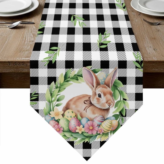 Bunny Easter Table Runner Linen Burlap Table Runner 72 Inches Long Eggs Spring Floral Black White Plaid Farmhouse Dresser Scarves for Kitchen Island Coffee Dining Party Wedding Holiday Decor 18"x72"