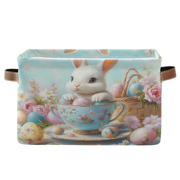 Bunny and Easter Teacup Foldable Storage Basket,Canvas Fabric Foldable Storage Bins with Handles Open Home Storage Bins Boxes for Toy Book Shelf Closet Baskets