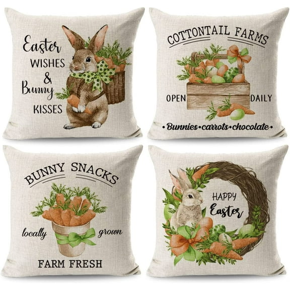 Bunny Easter Throw Pillow Covers 18x18 Set of 4, Carrot Easter Decorations Farmhouse Spring Pillow Covers Home Decor for Couch Sofa Porch