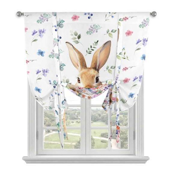 Bunny Easter Tie Up Curtains 45 Inches Long, Kitchen Window Curtains Over Sink, Spring Floral Rabbits Eggs Farmhouse Small Window Curtains Shade Balloon Curtains Valances for Bedroom/Cafe 34"x45"
