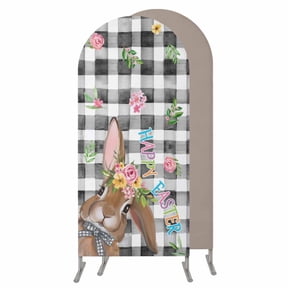 Bunny Easter Wedding Arch Cover, Stretchy Spandex Arch Backdrop Stand Covers 4 FT, Rabbit Black White Plaid Farmhouse Round Top Arched Backdrop Cover for Birthday Party Ceremony Baby Shower Event