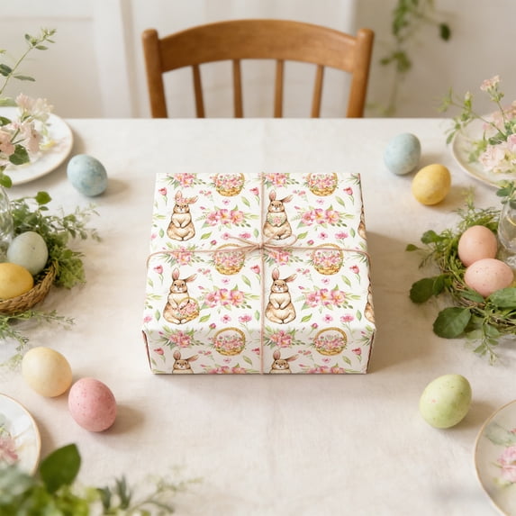 Bunny Easter Wrapping Paper Roll - Mini Roll - 19.69×27.56in - Watercolor Rabbits and Flower Wrapping Paper Perfect For Spring Summer Party, Easter, Birthday, Baby Shower