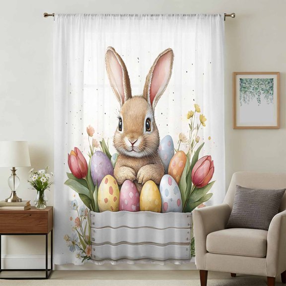 Bunny Eggs Easter Sheer Curtains 54 Inches Long, Spring Botanical Blossom Motif Light Filering Curtains, Breathable Simi Curtain Privacy Drapes for Kitchen Bathroom Lightweight Small Window Treatment