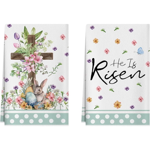 Bunny Eggs Flowers Cross Rabbit Easter Kitchen Towels Dish Towels 18x26 Inch Home Kitchen Decorations Hand Towels Set of 2 Drying Dishcloth