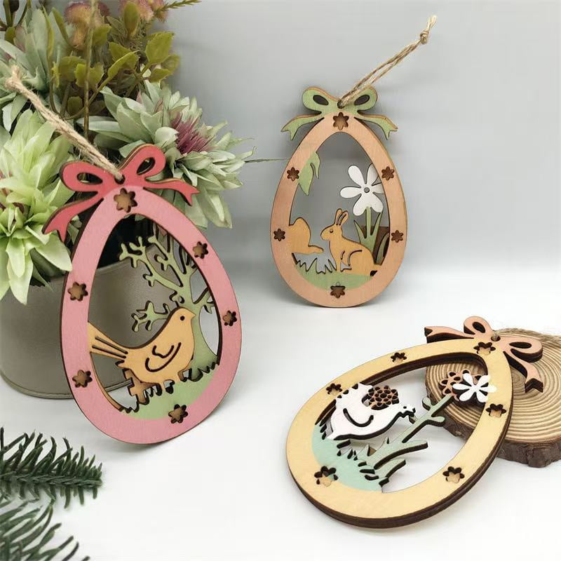Bunny Eggs Wooden Hanging Creative Easter Party Decoration Wooden Chip Double Hollowed Out Wooden Hanging Plaque