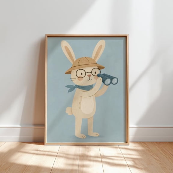 Bunny Explorer Poster: Safari Nursery Art, Rabbit With Binoculars, Unframed Poster Size 24x36