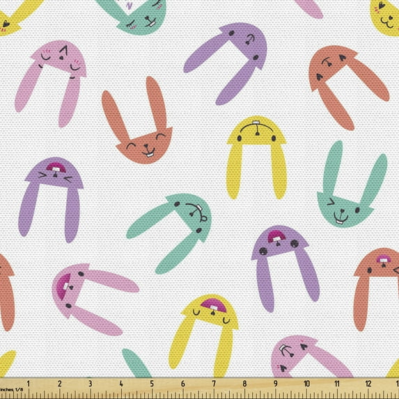 Bunny Fabric by the Yard, Hand-drawn Colorful Rabbits with Various Face Expressions Happy Cheerful Smiling, Decorative Upholstery Fabric for Sofas and Home Accents, 2 Yards, Multicolor by Ambesonne
