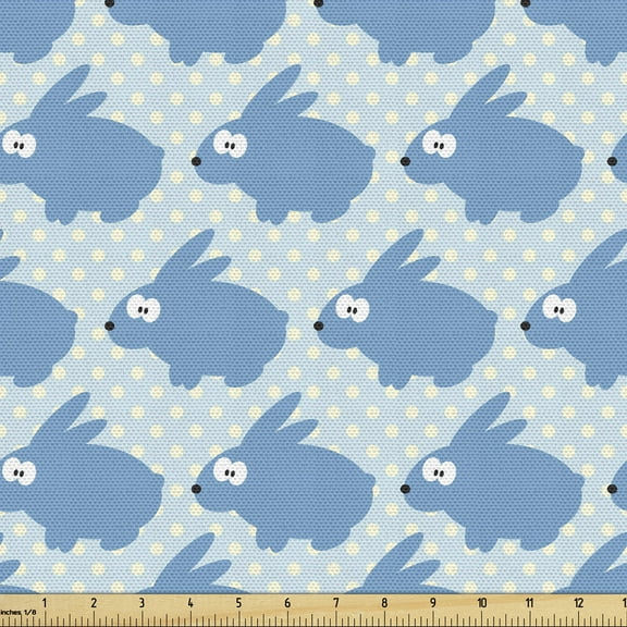Ambesonne Bunny Fabric by the Yard Upholstery, Funny Rabbits on Polka Dots, 3 Yards, Blue Pale Blue Cream