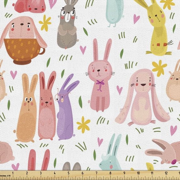 Ambesonne Bunny Fabric by the Yard Upholstery, Colorful Rabbits Pink Hearts, 2 Yards, Multicolor