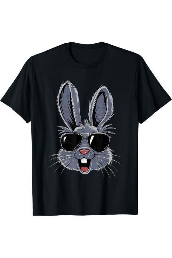 Bunny Face With Sunglasses Rabbit Easter Day Boys Teens Kids T-Shirt- Classic Cotton Crew Neck T-Shirt 2026 Trendy Easter Bunny Egg Graphic Tee Heavyweight Casual Top for Adults