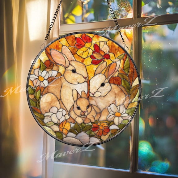 Bunny Family Glass Suncatcher, Spring Floral Window Art, 7.9 in