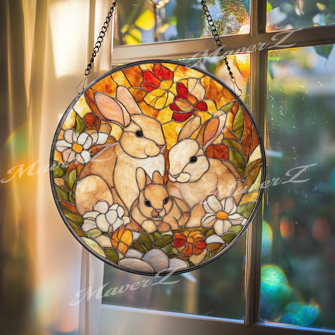 Bunny Family Glass Suncatcher, Spring Floral Window Art, Easter Rabbit ...