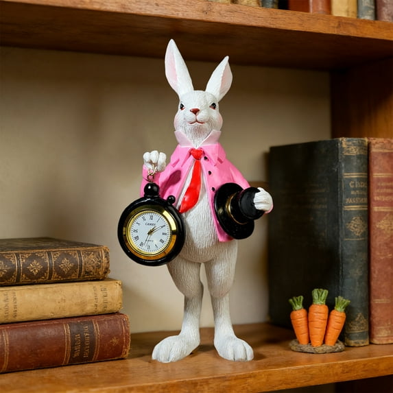 Bunny Figurine with Clock - Top Hat Cute Home Decor, Easter Bunny Decorations Small Figurines for Bedroom Office Farmhouse School Restaurant Desk Shelf Spring Holiday Party