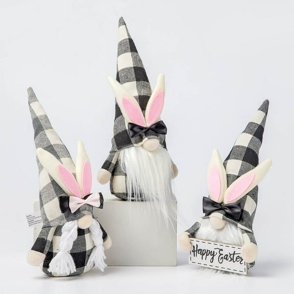Bunny Figurines Easter Gnome Home Tray Decoration Farmhouse Spring Holiday Ornaments,  Black & White, 3pcs