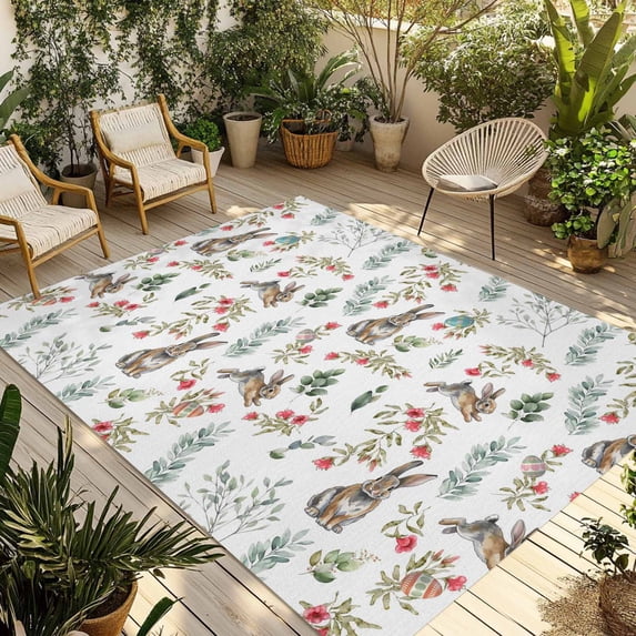 Bunny Floral Easter Outdoor Rug for Patio/Deck/Porch, Non-Slip Large Area Rug 6 x 9 Ft, Elegant Pastoral Spring Floral Indoor Outdoor Rugs Washable Area Rugs, Reversible Camping Rug Carpet Runner