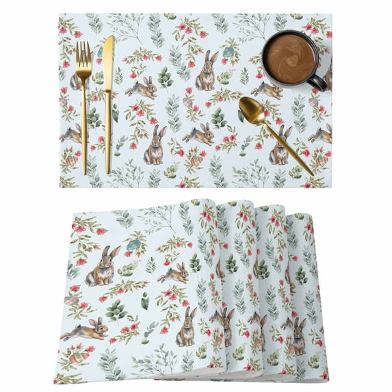Bunny Floral Easter Placemats Set of 4, Elegant Pastoral Spring Floral Rabbits Placemats for Dining Table, Place Mats for Kitchen Tabletop, Waterproof Wipeable Dining Table Mats Set