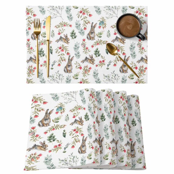 Bunny Floral Easter Placemats Set of 6, Elegant Pastoral Spring Floral Placemats for Dining Table, Place Mats for Kitchen Tabletop, Waterproof Wipeable Dining Table Mats Set
