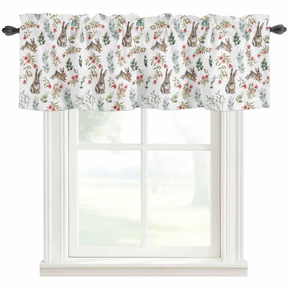 Bunny Floral Easter Rod Pocket Curtain Valance, Elegant Pastoral Spring Floral Farmhouse Window Valance for Living Room, Bedroom, Kitchen 42"W x 18"L