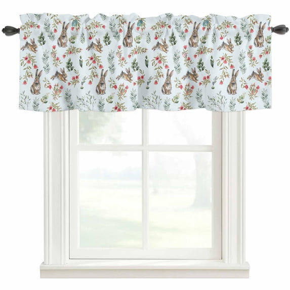 Bunny Floral Easter Rod Pocket Curtain Valance, Elegant Pastoral Spring Floral Rabbits Farmhouse Window Valance for Living Room, Bedroom, Kitchen 42"W x 18"L