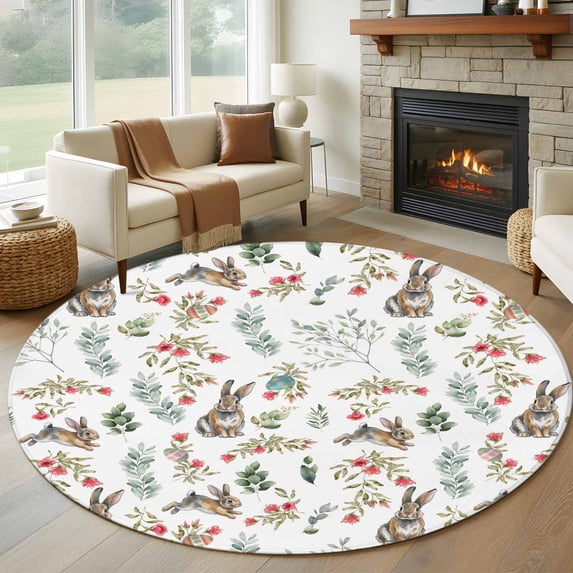 Bunny Floral Easter Round Area Rug 5Ft Washable Circle Rugs for Living Room Bedroom, Elegant Pastoral Spring Floral Non-Slip Carpet Floor Mats Indoor Outdoor Carpet Runner Aesthetic Home Decor