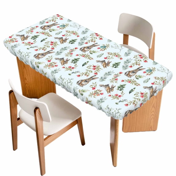 Bunny Floral Easter Table Cloths for 6 Foot Rectangle Tables, Elegant Pastoral Spring Floral Rabbits Patio Waterproof Elastic Fitted Tablecloths, Washable Rectangular Table Cover for Camping