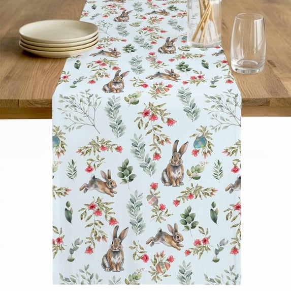 Bunny Floral Easter Table Runner - 36 Inch Long Elegant Pastoral Spring Floral Rabbits Cotton and Linen Blended Dress Scarves Farmhouse Table Runner for Kitchen Dining, Coffee Table, 13" x 36"
