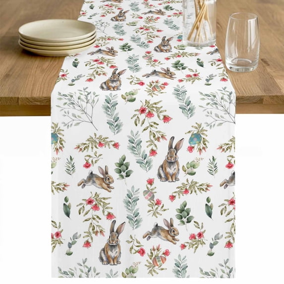 Bunny Floral Easter Table Runner - 60 Inch Long Elegant Pastoral Spring Floral Cotton and Linen Blended Dress Scarves Farmhouse Table Runner for Kitchen Dining, Coffee Table, 13" x 60"
