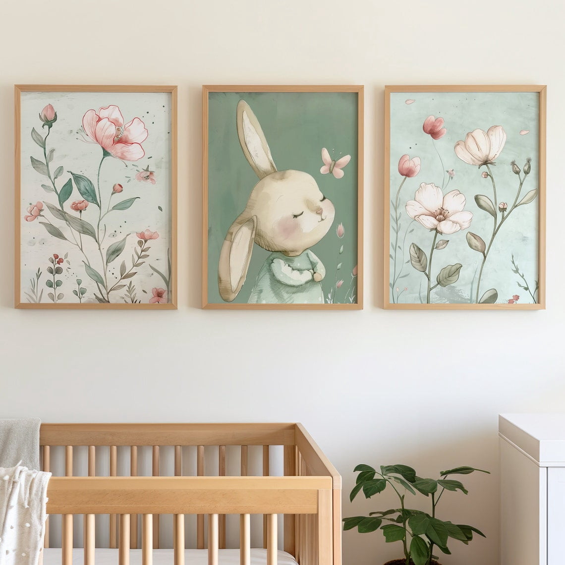 Bunny Floral Nursery Wall Art Set Of 3 Prints, Baby Decor - Walmart.com