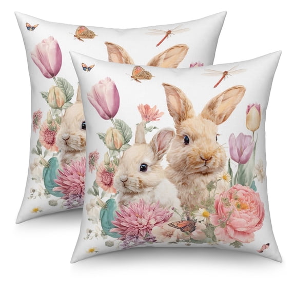 Bunny Flower Throw Pillow Covers 18x18 Set of 2,Spring Floral Easter Rabbit Decorative Pillowcases for Sofa Couch Living Room