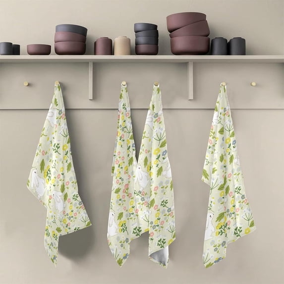 Bunny Flowers Kitchen Dish Towels Set of 6 Absorbent Hand Towels, Lint-Free 18"x28" Cute Pattern Fast Drying Hanging Dishcloths for Cooking Baking Home Clean