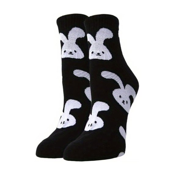 Bunny Fluffy Socks, Bunny Funky Socks, Bunny Fun Socks, Bunny Fun Socks for Woman, Bunny Fuzzy Socks, Women Easter Theme Mid Calf Cotton Knit Casual Socks, Black