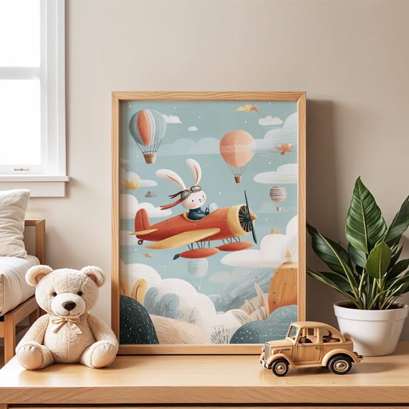 Bunny Flying Airplane Nursery Rabbit Cute Animal Playroom Decor, Unframed Paper Poster 8x10in