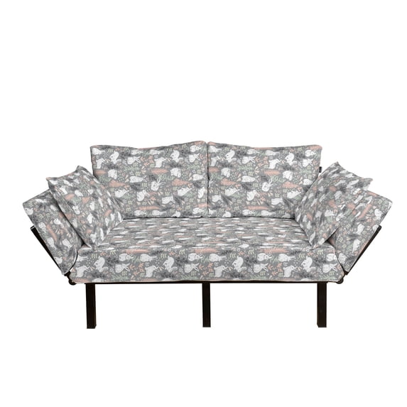 Bunny Futon Couch, Nature Inspired Pattern Drawn by Hand with White Hares Hearts and Floral Elements, Daybed with Metal Frame Upholstered Sofa for Living Dorm, Loveseat, Multicolor, by Ambesonne