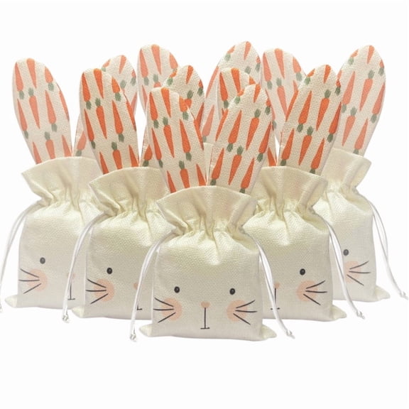 Bunny Gift Bags Party Favor Birthday Decoration Reusable Rabbit Print Drawstring Burlap Treat Bag for Easter Goodies Candy Garden Tea Party Supplies Pack of 6