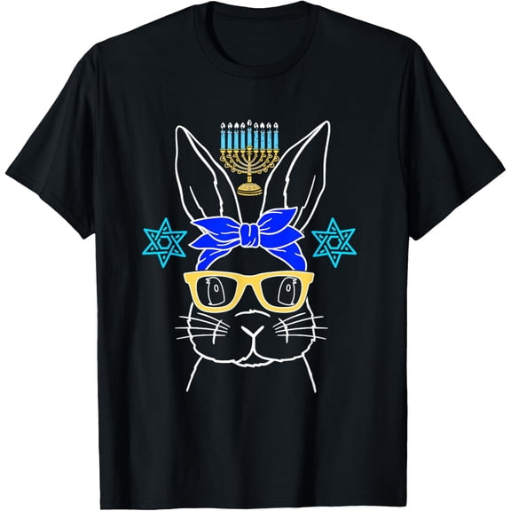Bunny Glasses Hanukkah Cute Hipster Rabbit Chanukah Jewish T-Shirt- American fashion hot selling casual retro high quality 100% cotton T-shirt 1 piece
